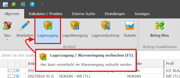 Artikel über Lagerzugang zubuchen in der Reifenhandel und Reifengroßhandel Software PlusFakt Enterprise