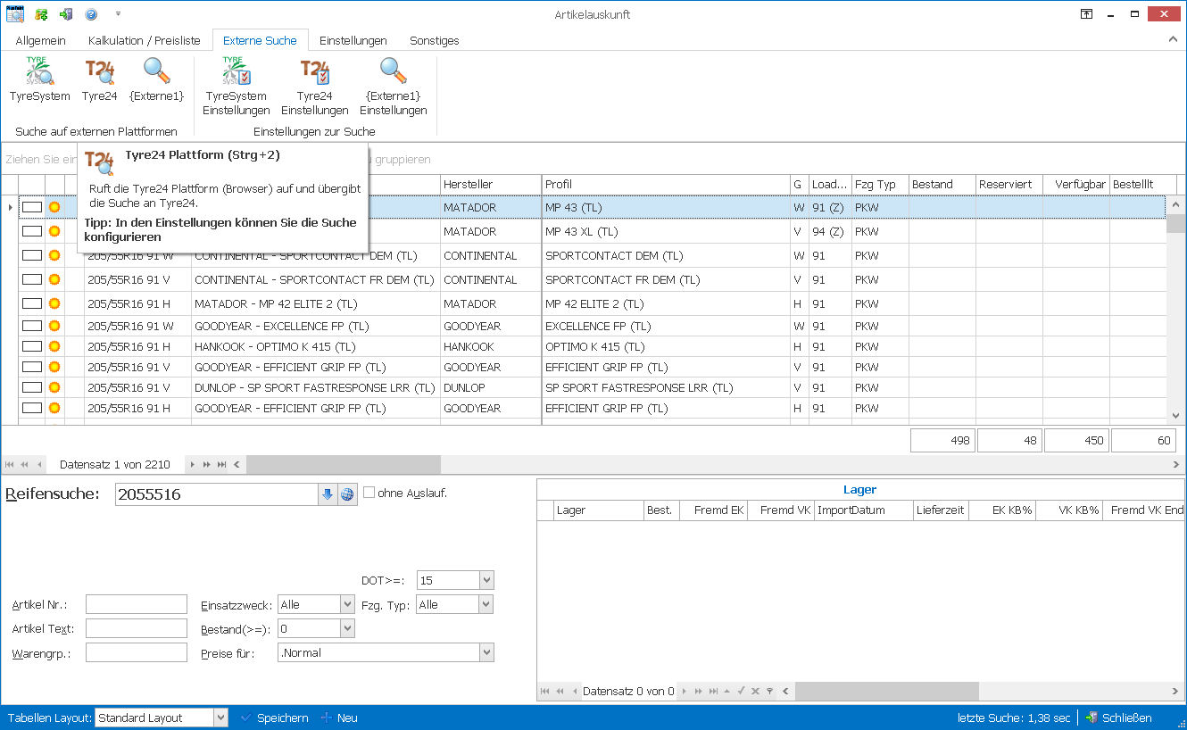 Aufruf der Tyre24 Schnittstelle aus der Artikelauskunft von PlusFakt Enterprise Software für den Reifenhandel