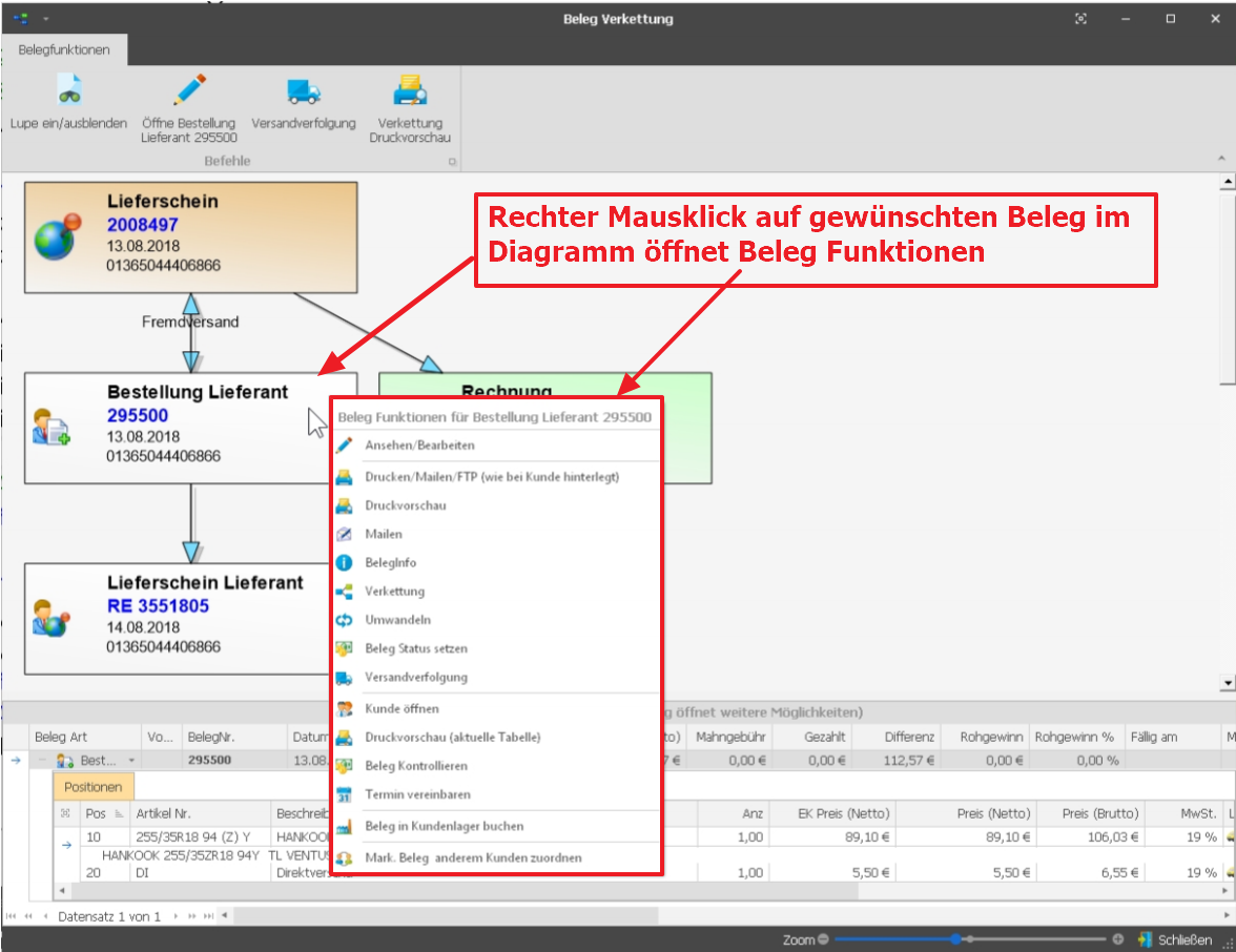 Beleg Funktionen direkt über Beleg Diagramm öffnen in der Beleg Verkettung der Reifenhandel Software PlusFakt Enterprise