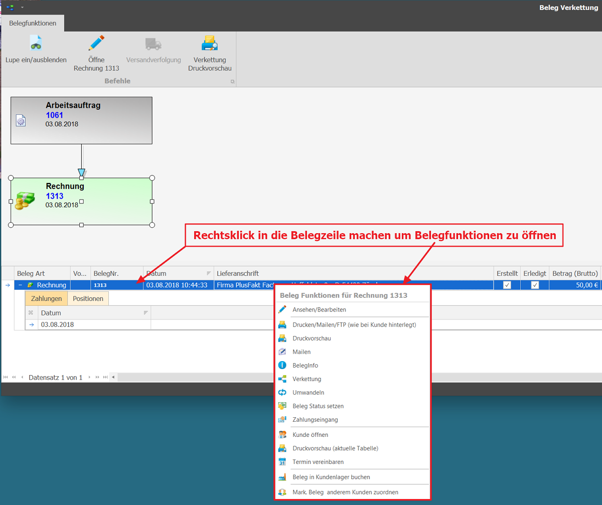 Rechtsklick um Belegfunktionen zu öffnen in der Beleg Verkettung der Reifenhandel Software PlusFakt Enterprise