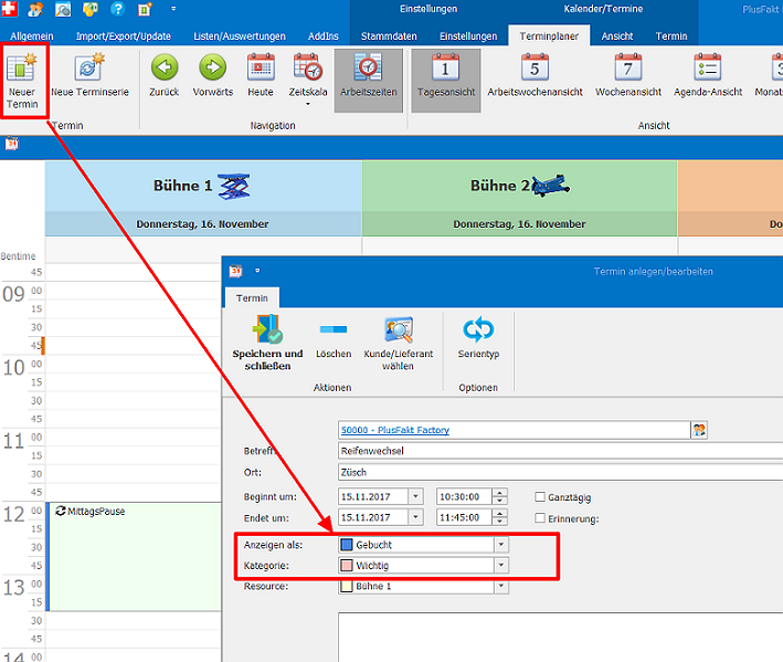 Farbliche Konfiguration und Zuordnung Neuer Termin PlusFakt Enterprise