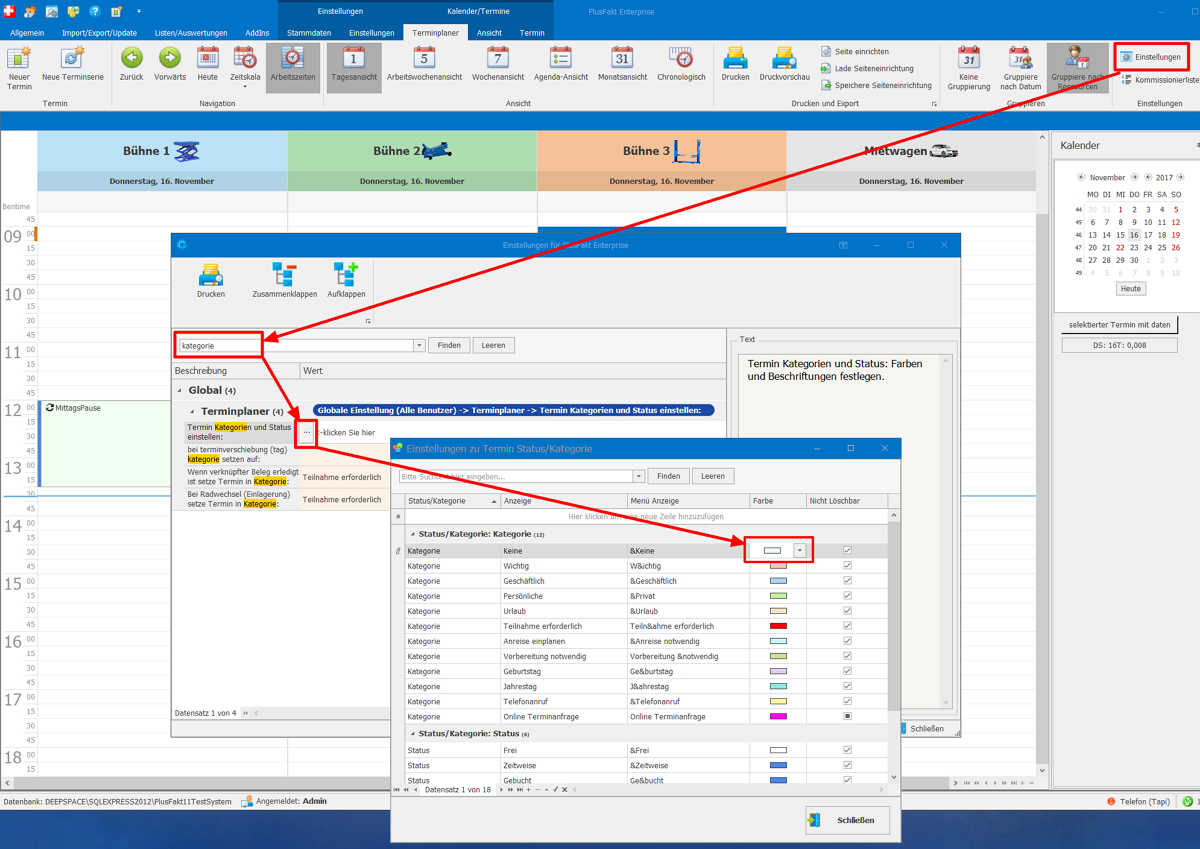 Farbliche Konfiguration und Zuordnung des Terminkalenders von PlusFakt Enterprise