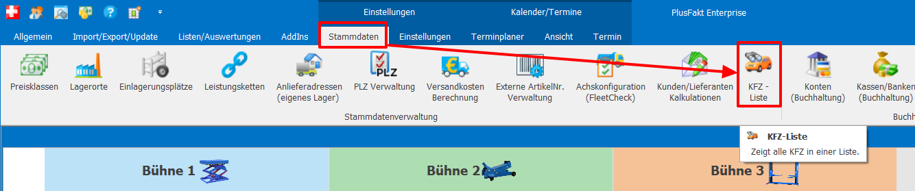 KFZ Liste mit HU Daten anzeigen über Stammdaten PlusFakt Enterprise