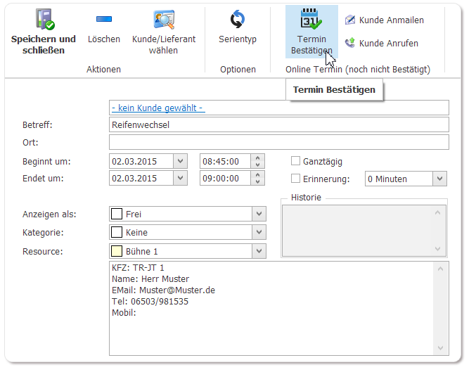 Onlinekalender Terminbestätigung in der PlusFakt Software