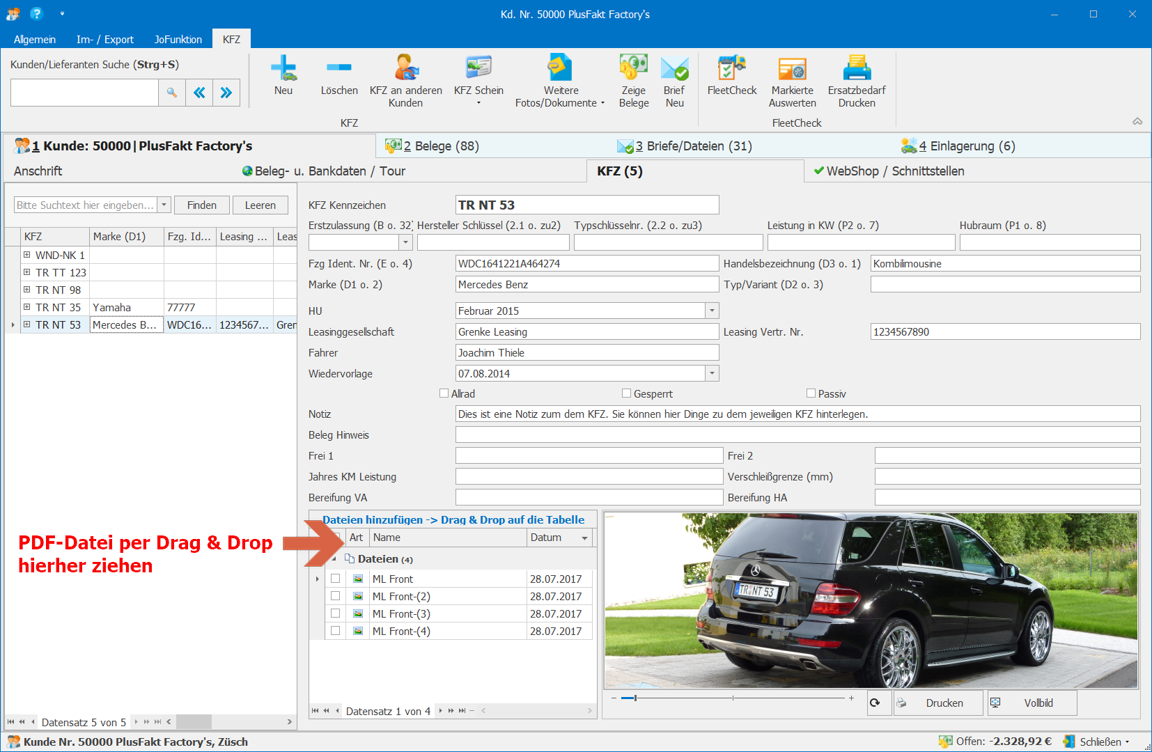 Fahrzeugschein als PDF hinterlegen in Branchenlösung