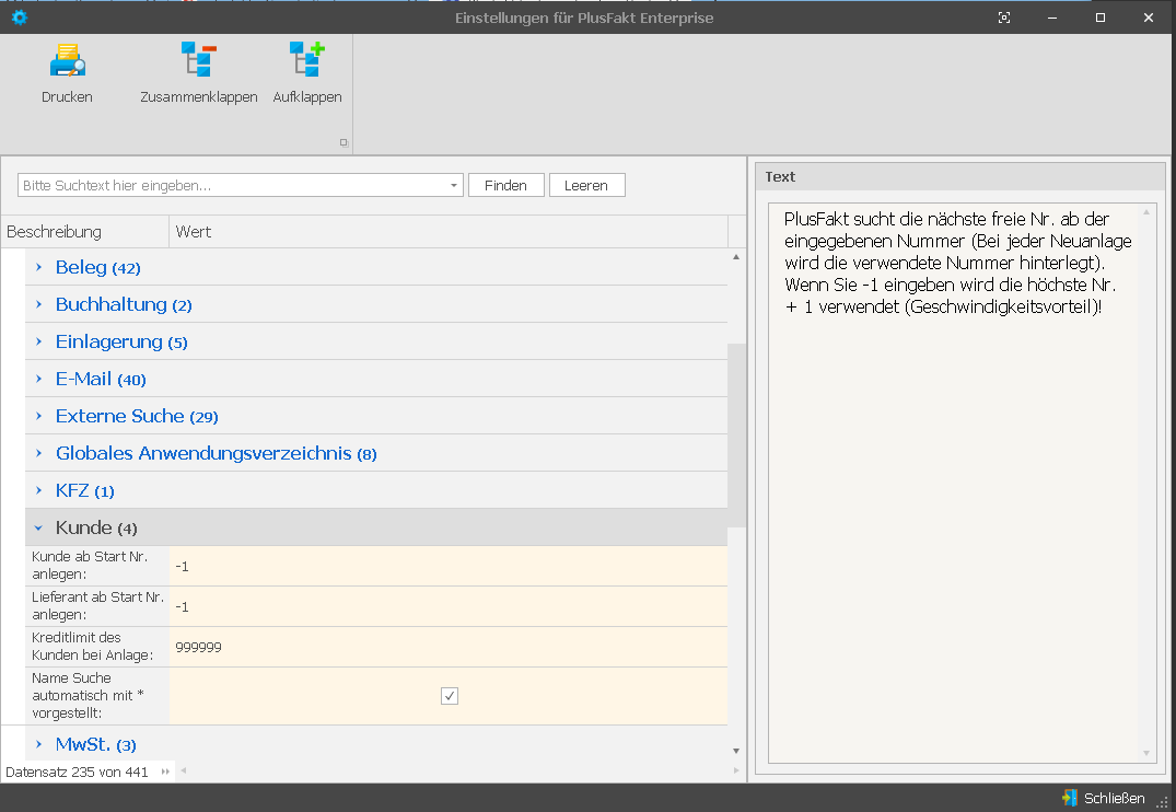 PlusFakt Enterprise Einstellungen Namen suchen