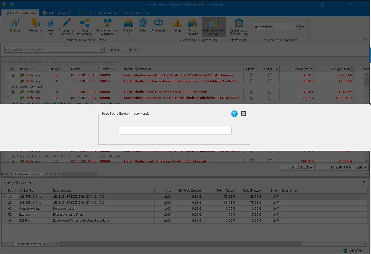 PlusFakt Software Belegfenster mit Belegsuche