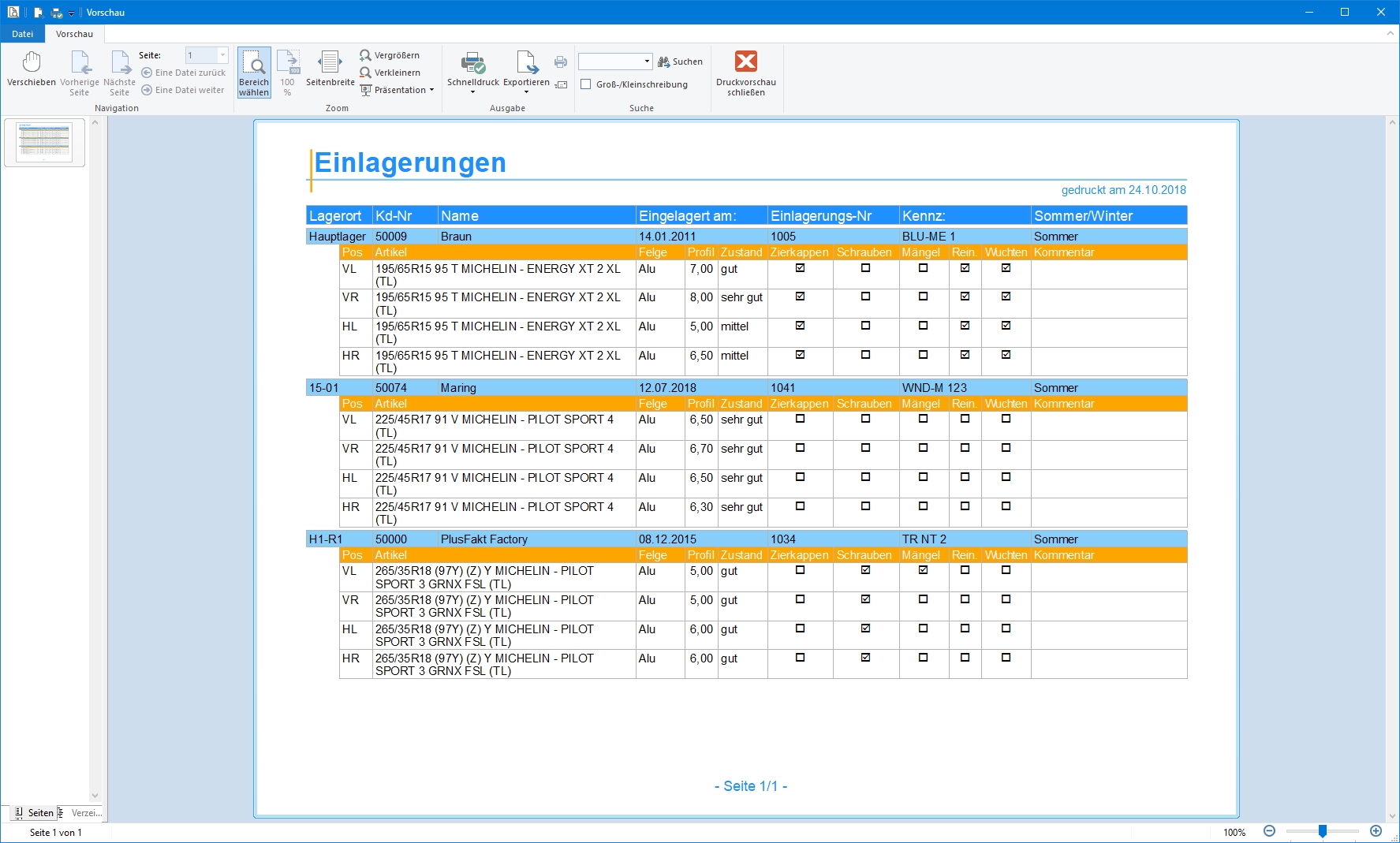 Einlagerungsliste mit heutigen Terminen in dem Warenwirtschaftssystem PlusFakt Enterprise 