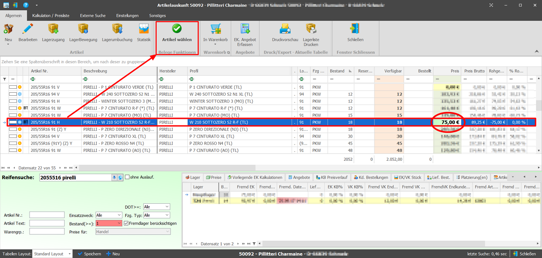 Preisfindung: Artikel wählen mit hinterlegtem Angebotspreis in der Reifenhandel Software PlusFakt Enterprise