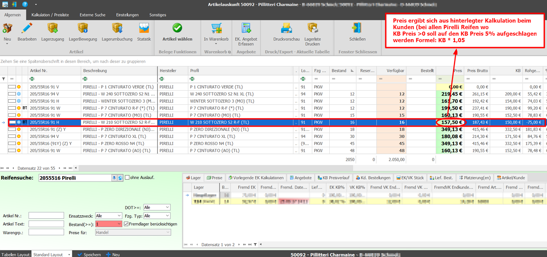 Preisfindung: Artikel wählen mit kalkuliertem Preis in der Reifenhandel Software PlusFakt Enterprise
