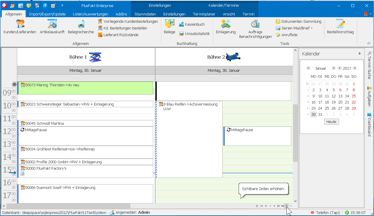 Terminkalender in der Reifenhandel Software PlusFakt