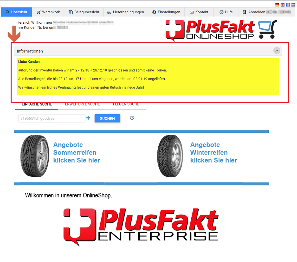 Webshop Hinweis in der Reifenhandel Software PlusFakt Enterprise