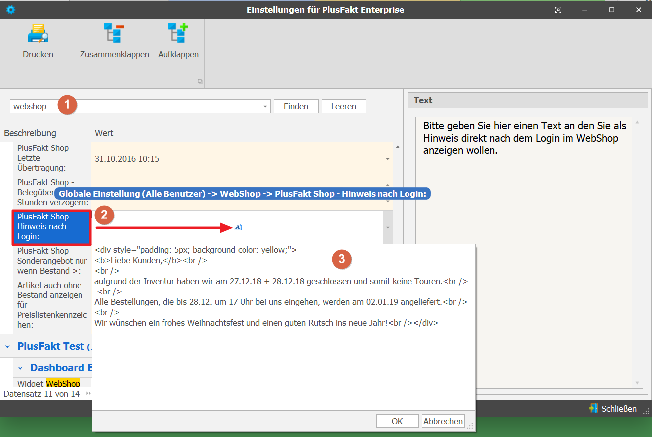 Webshop Hinweis in der Reifenhandel Software Plusfakt Enterprise hinzufügen