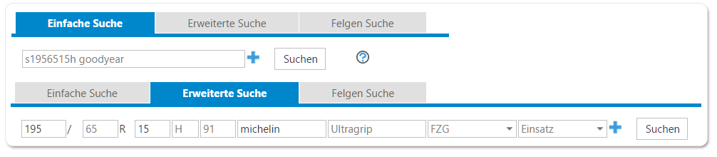 Die erweiterte Suche im PlusFakt Handelskunden Webshop für den Reifenhandel