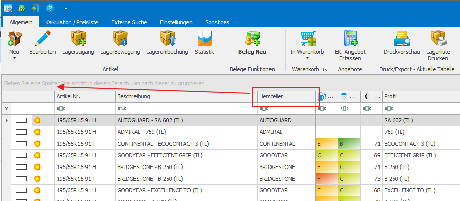 Zusammenfassende Gruppierung in der Reifenhandel Software PlusFakt Enterprise, dem ERP System für den Reifenhandel: 1Spalte 