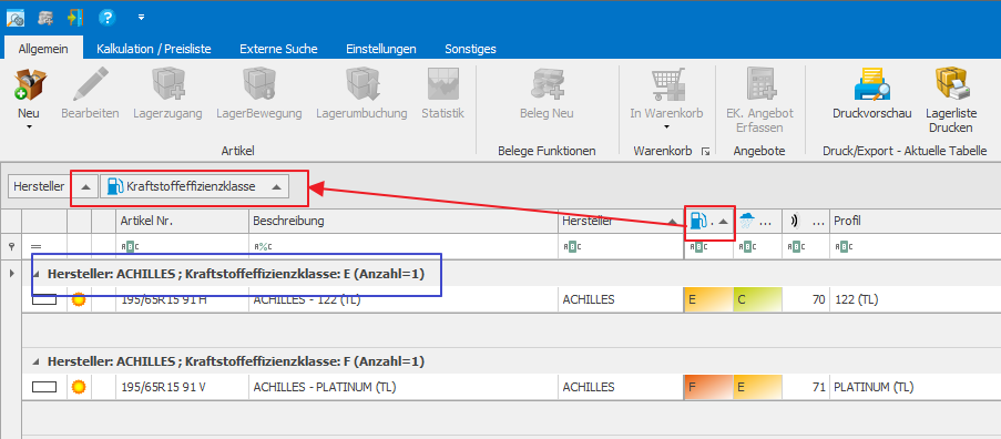 Zusammenfassende Gruppierung in der Reifenhandel Software PlusFakt Enterprise, dem ERP System für den Reifenhandel: 2.Spalte 