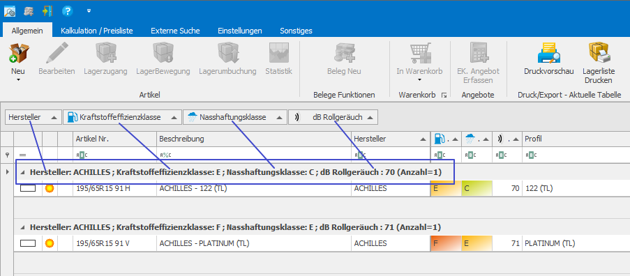 Zusammenfassende Gruppierung in der Reifenhandel Software PlusFakt Enterprise, dem ERP System für den Reifenhandel: Spalten nebeneinander 