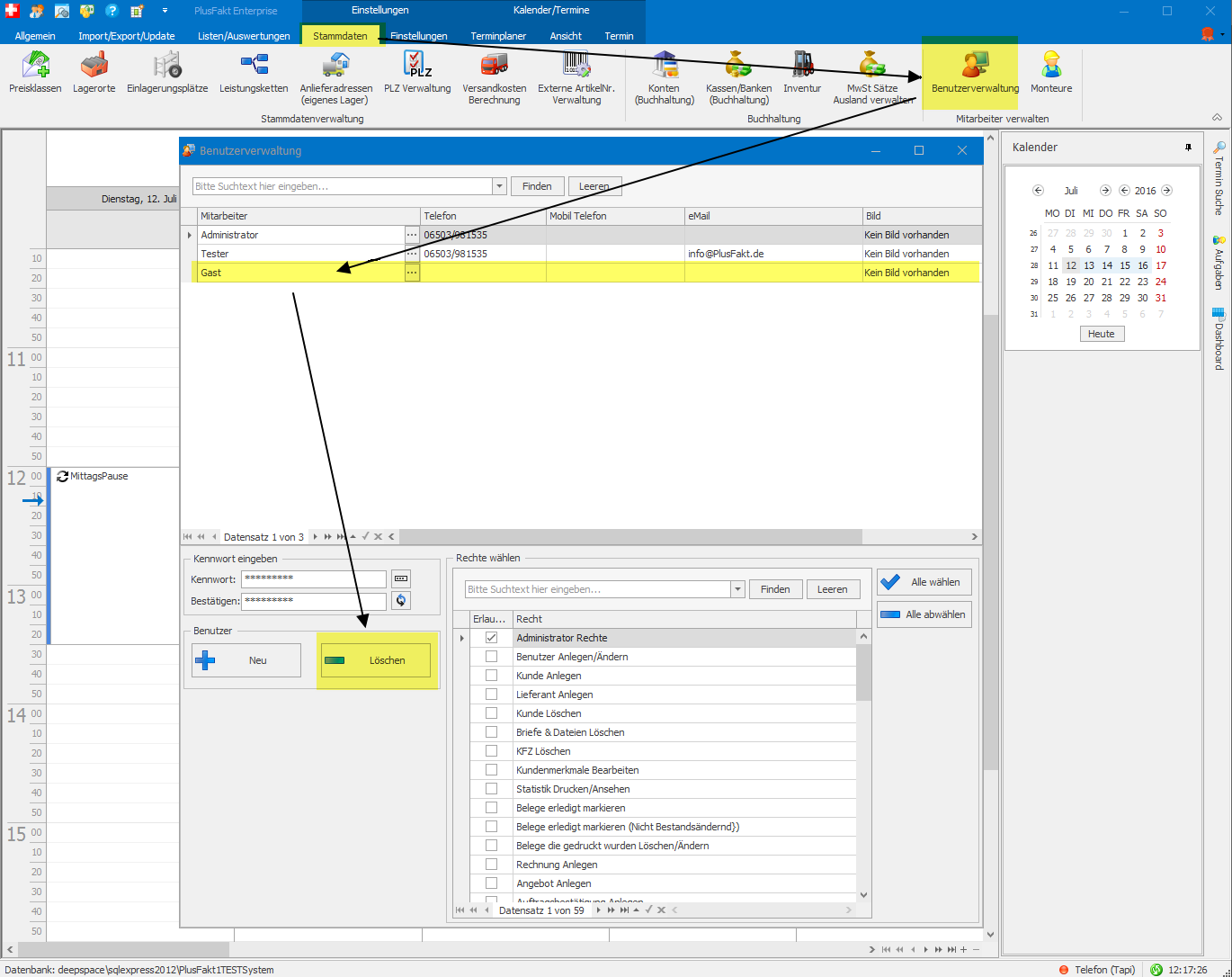 Benutzer löschen in der PlusFakt Reifensoftware