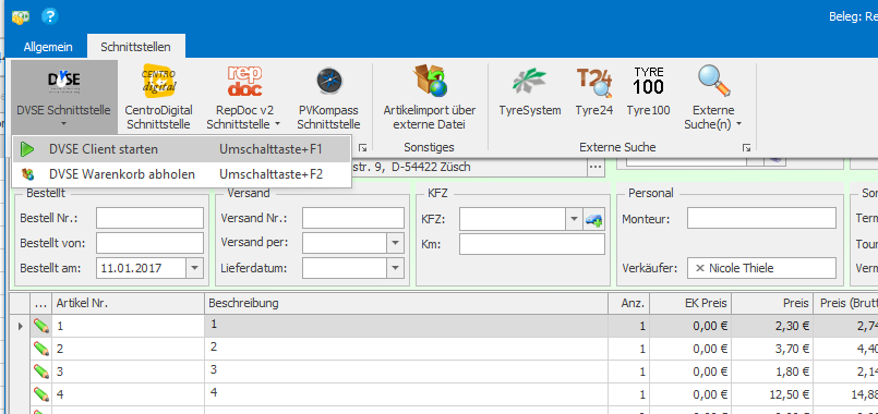 DVSE Client starten beim Artikelimport aus Ersatzteileprogrammen DVSE in Belege PlusFakt Enterprise