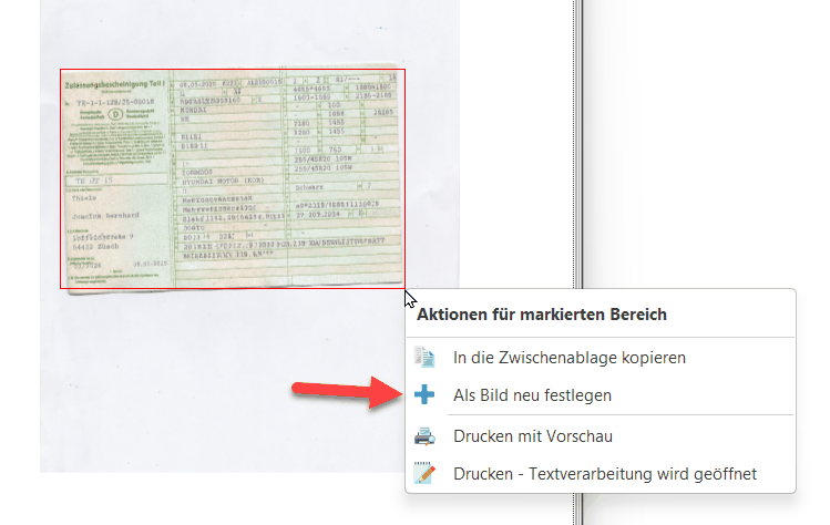 Menü Aktionen für markierten Bereich mit rotem Pfeil auf dem Eintrag Als Bild neu festlegen