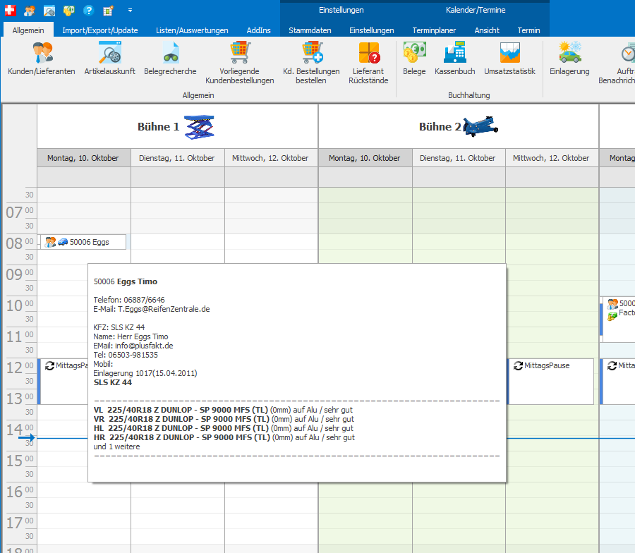 Informationen zu Einlagerungsdaten im Terminkalender aufrufen im PlusFakt Enterprise Reifenprogramm für den Einzel- und Großhandel