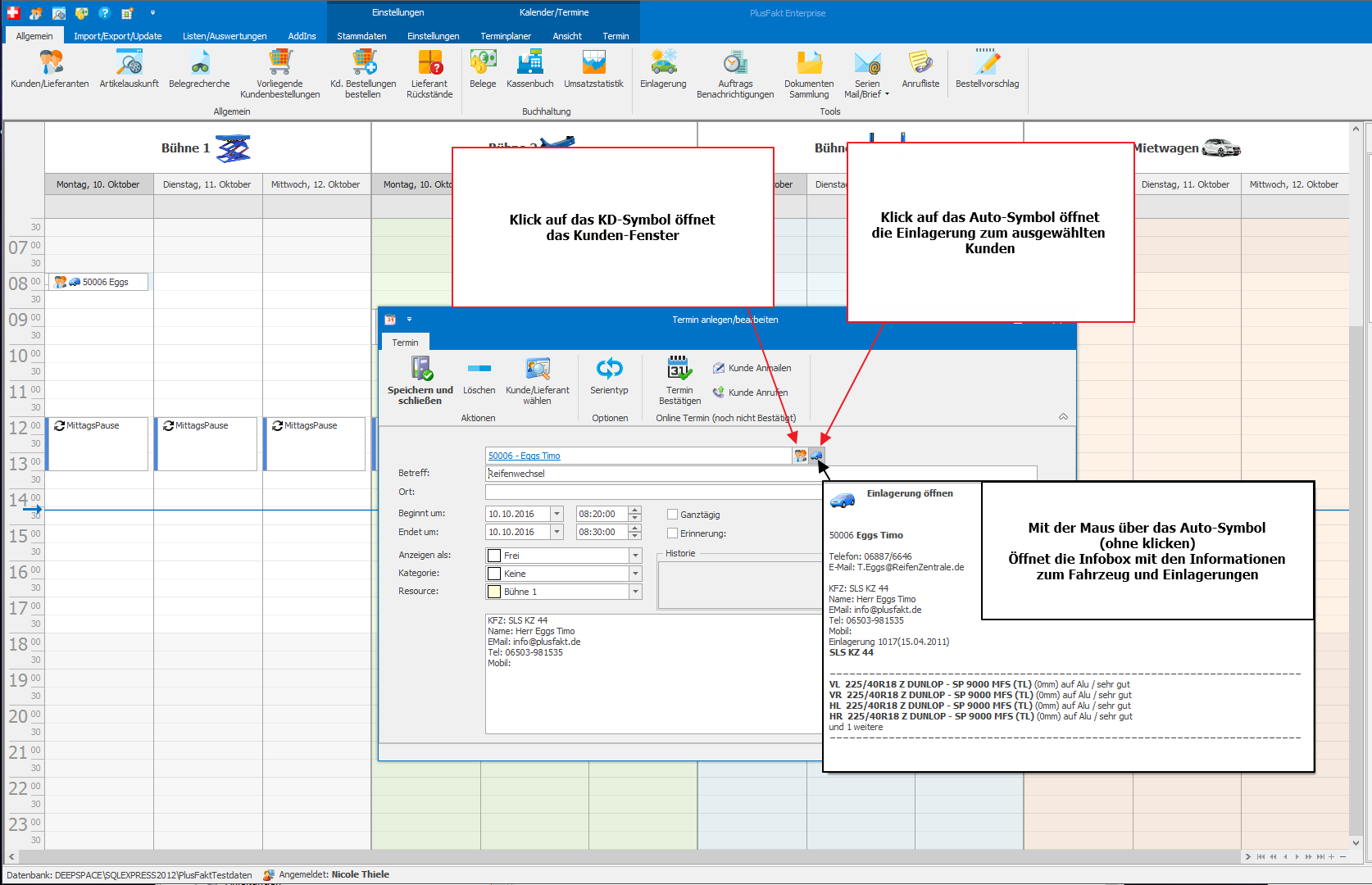 Informationen zu Einlagerungsdaten im Terminkalender anzeigen lassen, im PlusFakt Enterprise Reifenprogramm für den Einzel- und Großhandel