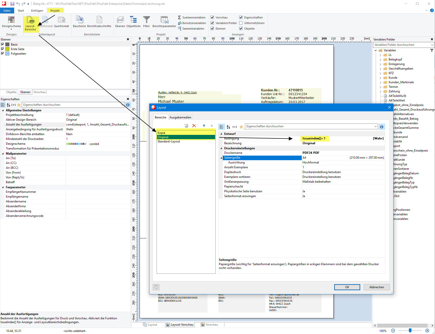 Unterschiedliche Beleg-Layouts für Original und Kopie: Layout Bereich wählen in PlusFakt Enterprise