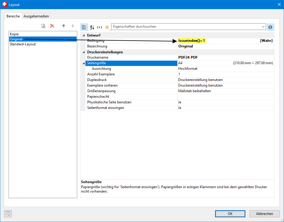 Unterschiedliche Beleg-Layouts für Original und Kopie: Issueindex für Original setzen in PlusFakt Enterprise