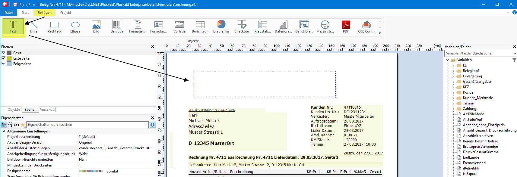 Unterschiedliche Layouts für Original und Kopie: Formulardesigner Bereichsfeld einfügen in PlusFakt Enterprise