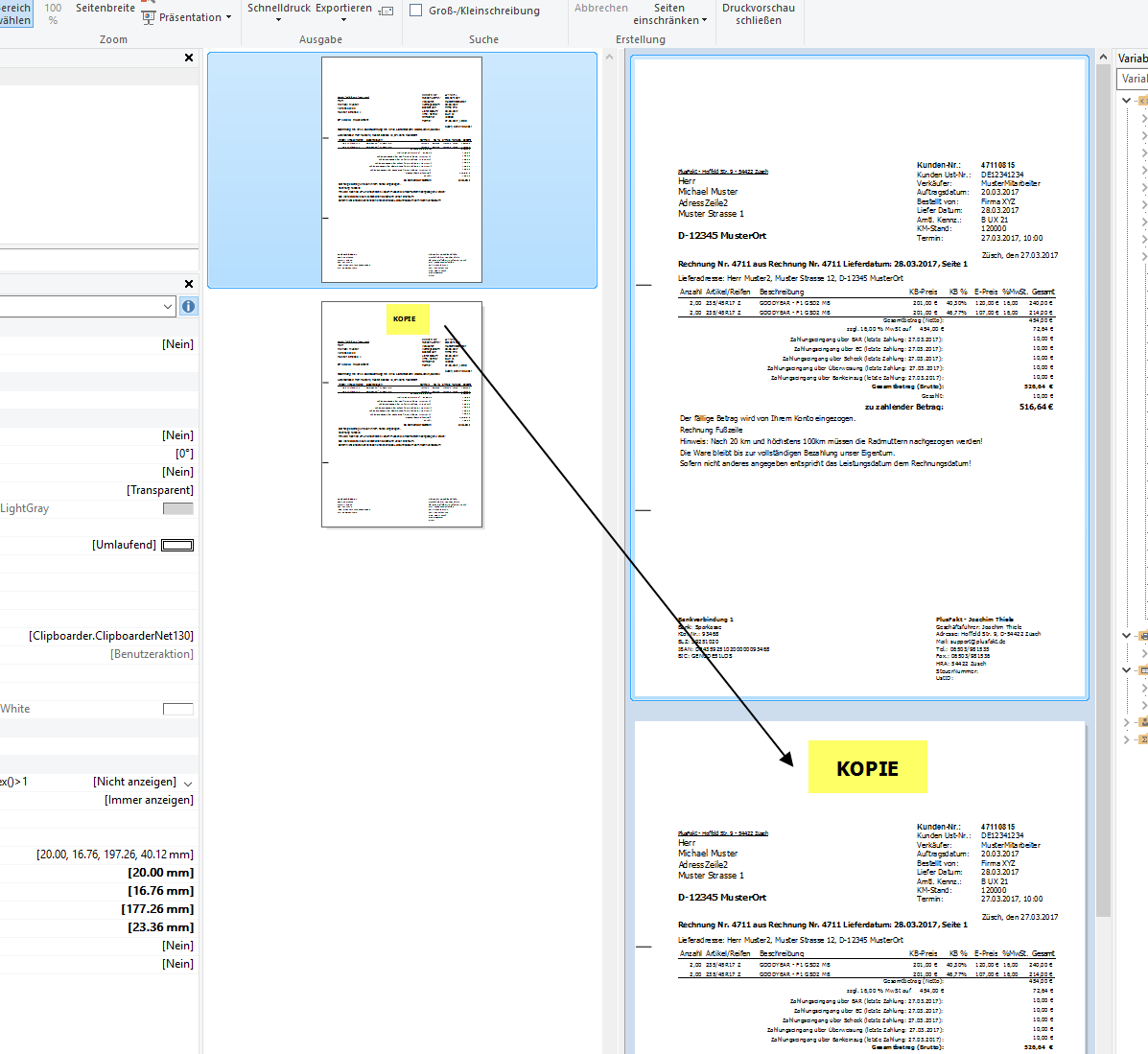 Unterschiedliche Layouts für Original und Kopie: Druckschlag Ansicht in PlusFakt Enterprise