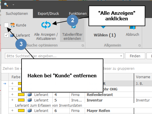 Nur Lieferantenliste anzeigen lassen für Export in der Reifenhandel Software PlusFakt Enterprise