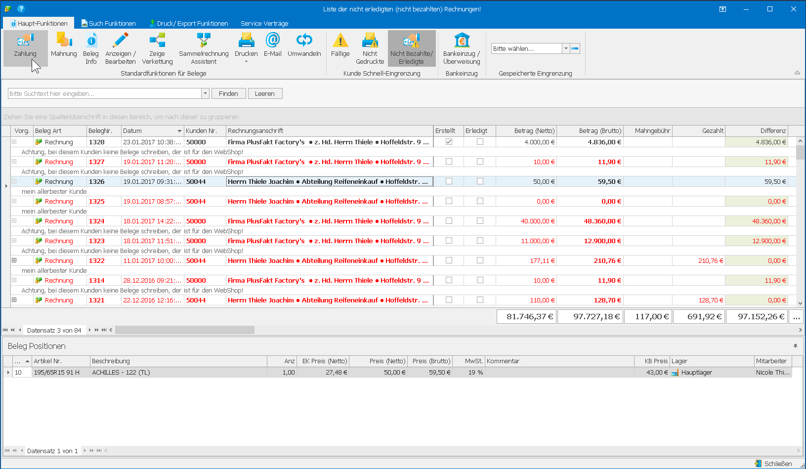 Zahlungseingang erfassen in der Reifenhandels Software PlusFakt Enterprise