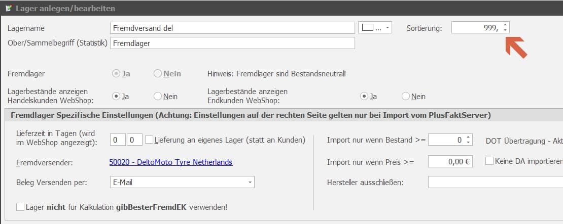 plusfakt Fremdlager sortierung ende