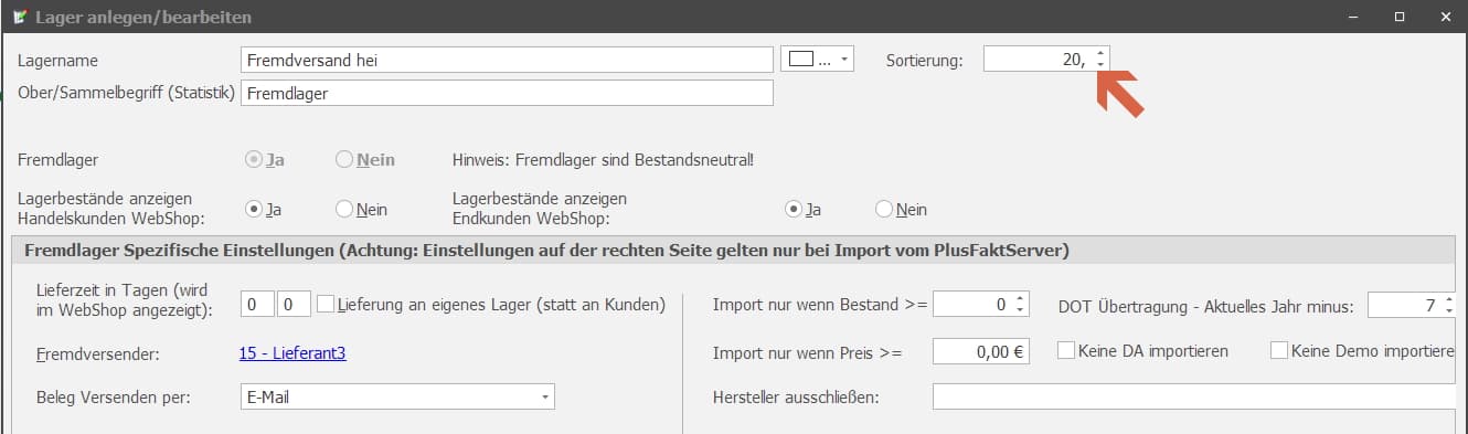 plusfakt Fremdlager sortierung
