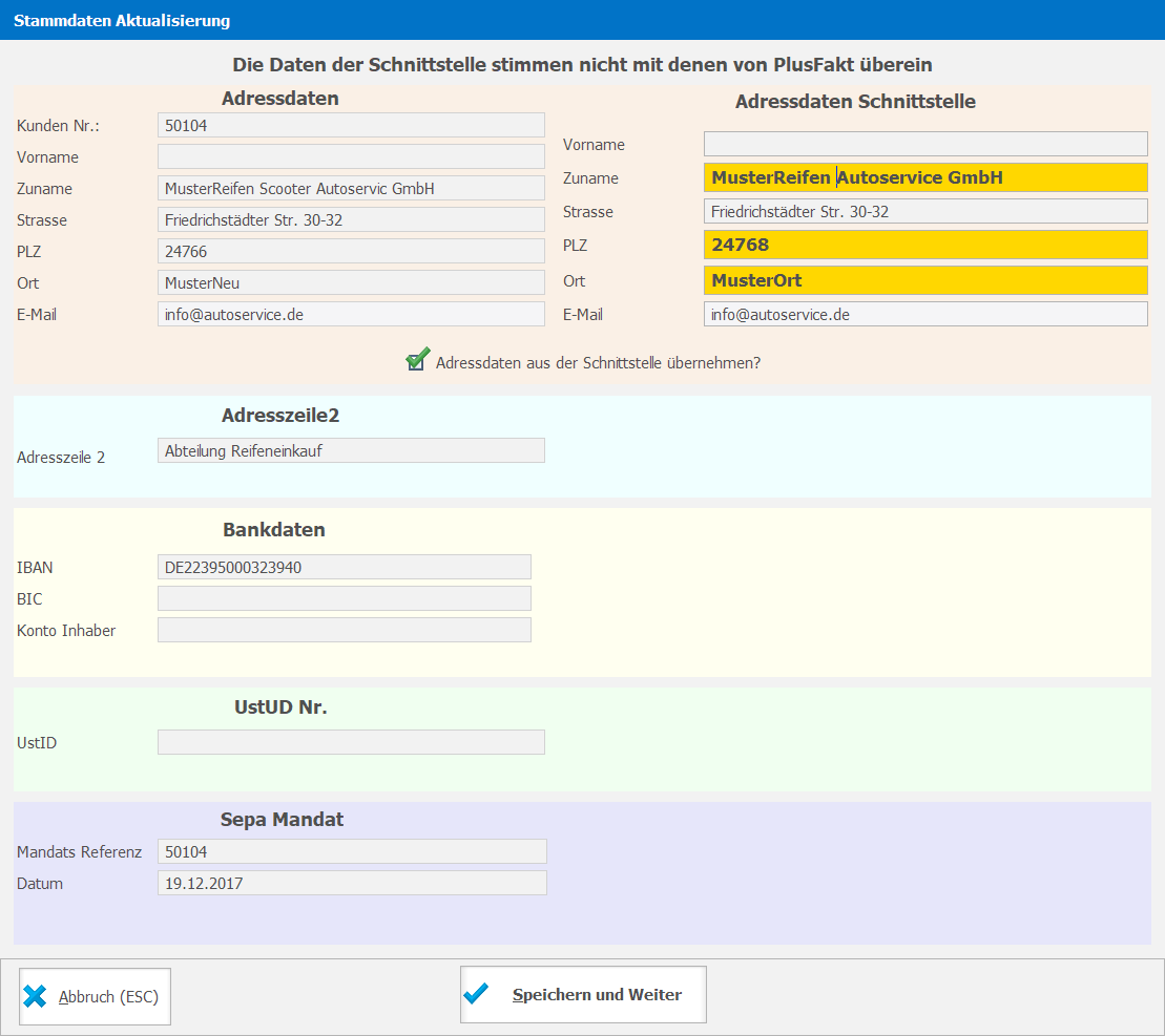 Auftragsimport Einstellungen: Stammdaten aktualisieren in der Reifenhandel Software PlusFakt Enterprise, der Software für den Reifenhändler