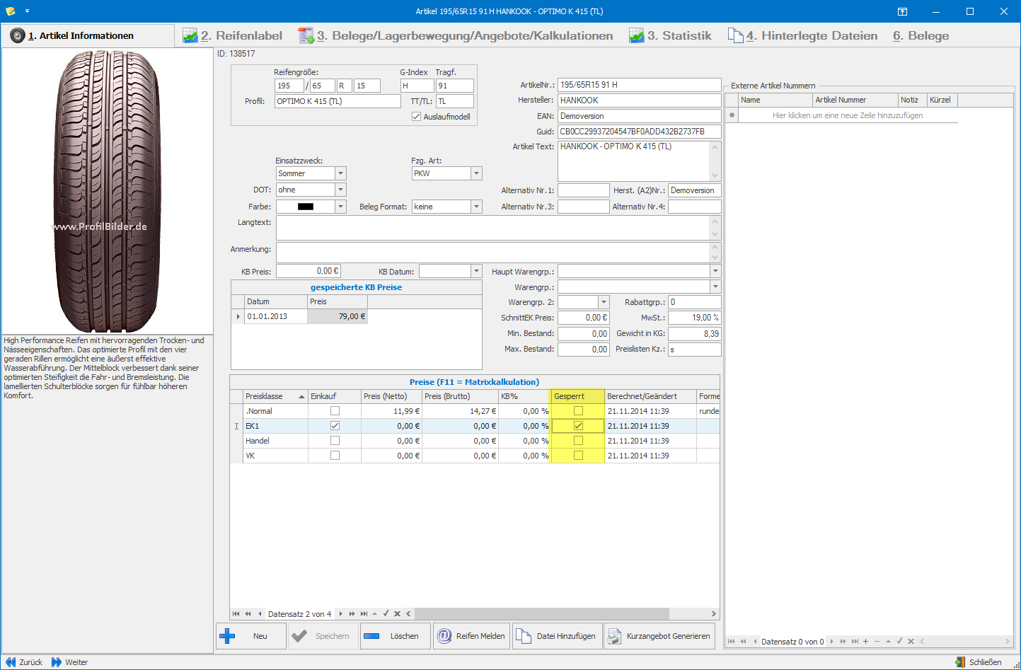 Preis für Kalkulation sperren in der PlusFakt Enterprise Reifenhandel Software