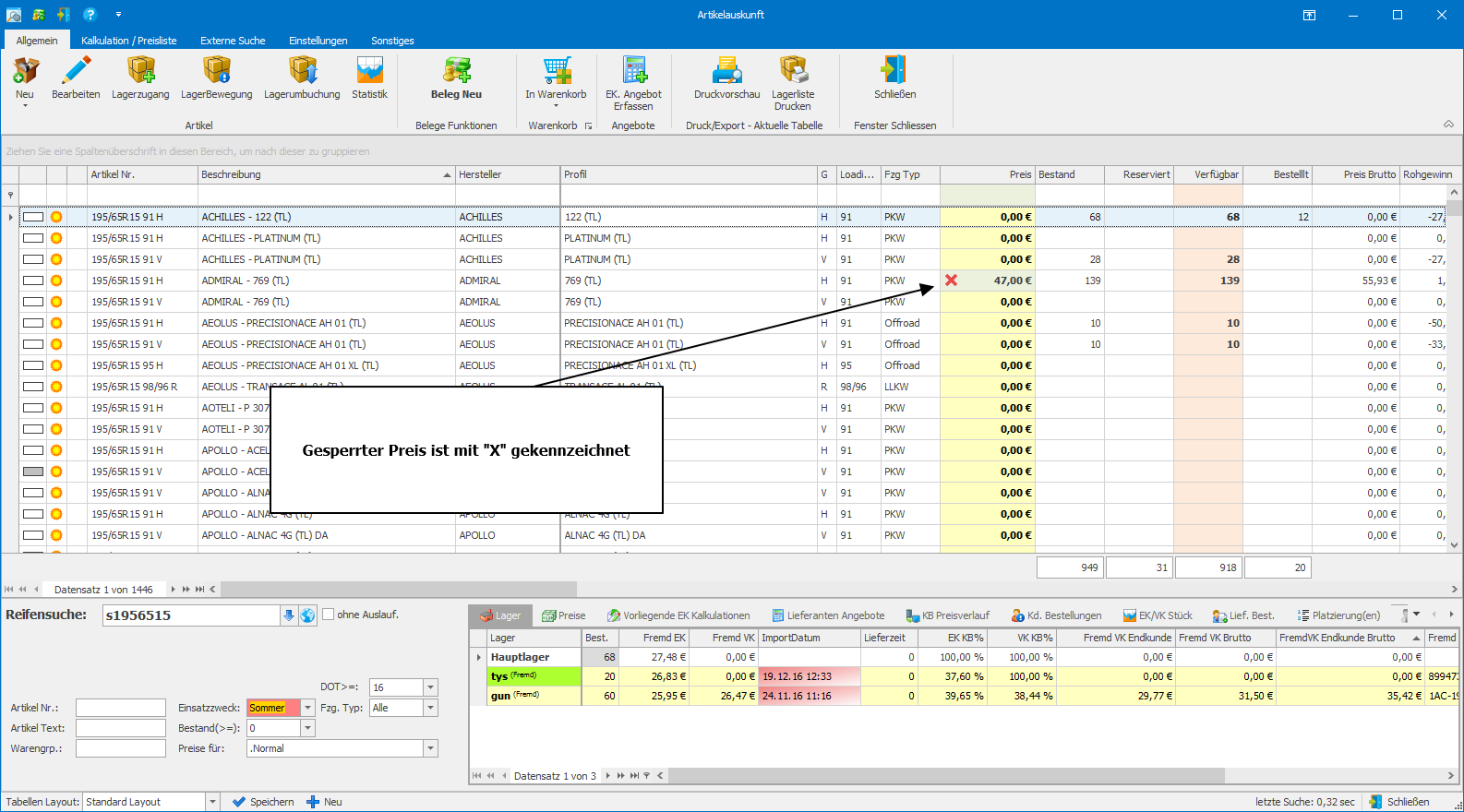 Ansicht des gesperrten Preis in der Artikelauskunft in der PlusFakt Enterprise Reifenhandel Software