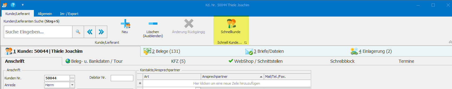 Schnellkunde anlegen/ bearbeiten in dem Warenwirtschaftsprogramm PlusFakt Enterprise