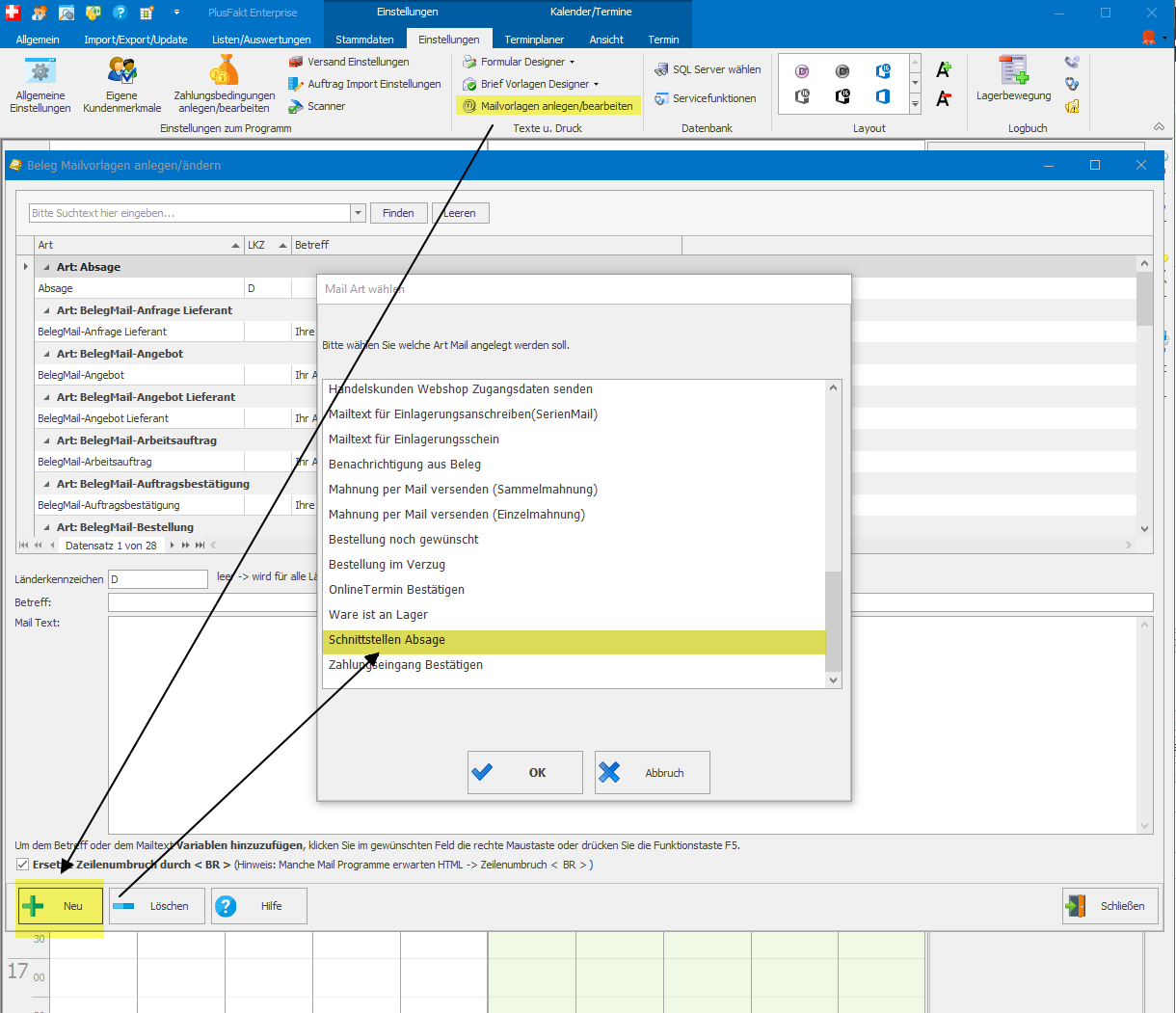Storno Absage Mail in der Reifenhandel Software PlusFakt Enterprise