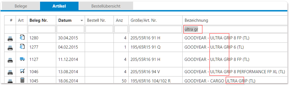 Belege suchen über Artikel im PlusFakt Handelskunden Webshop für den Reifenhandel