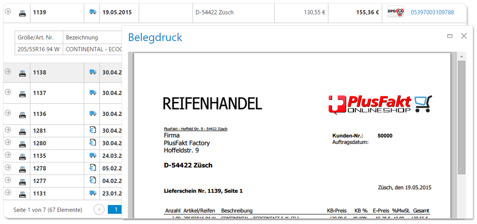 Belege anzeigen und drucken im PlusFakt Handelskunden Webshop für den Reifenhandel