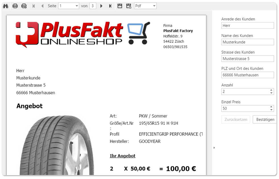 Kurzangebote drucken im PlusFakt Handelskunden Webshop für den Reifenhandel
