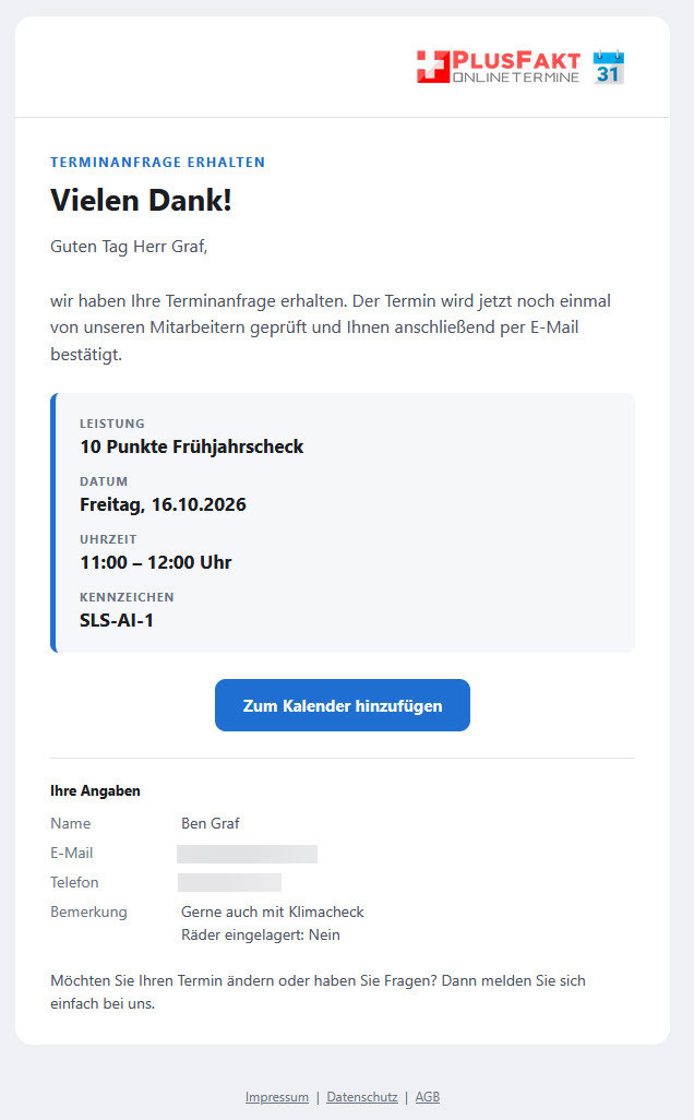 Eingangsbestätigung per E-Mail mit Terminübersicht und Button Zum Kalender hinzufügen