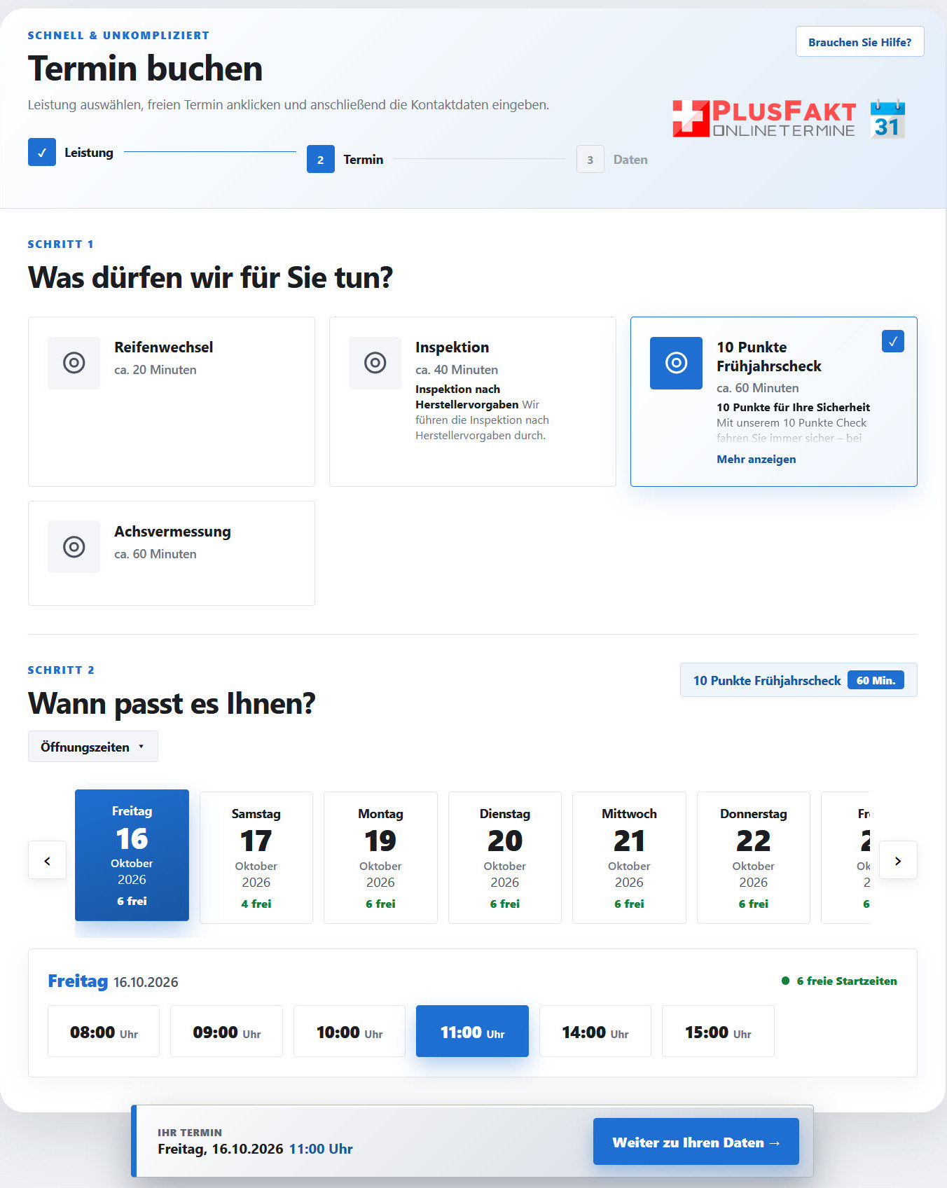 Online Werkstattkalender im neuen Design: Leistung wählen, freien Tag und Uhrzeit anklicken